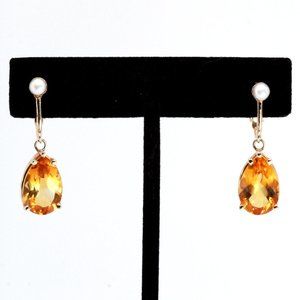 14K Gold Vintage Citrine Pearl Retro Clip Earrings